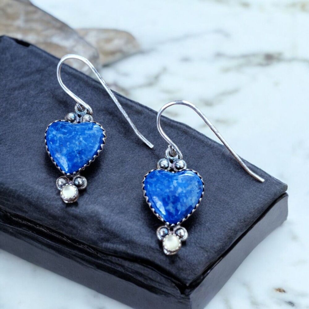 Vintage QT Quoc Sterling Silver  Earrings Lapis Heart Drop
